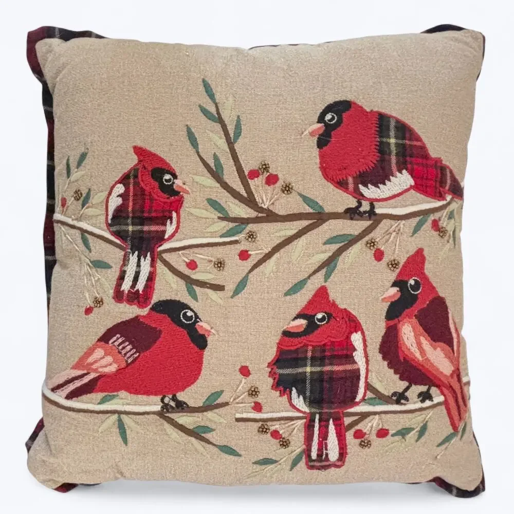 Pier 1 Imports Cardinal Birds & Holly Red Plaid Christmas Holiday Square Piillow
